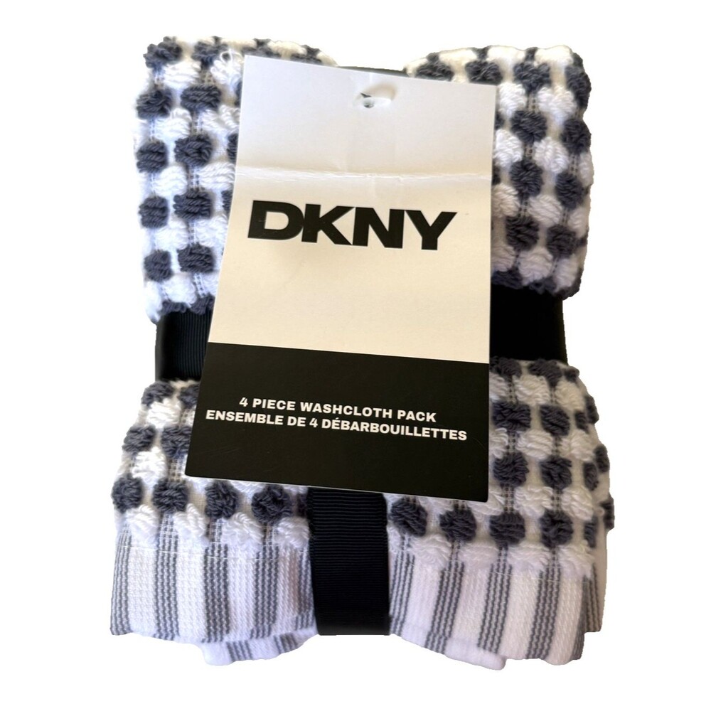 DKNY Facecloths Washcloths Set of 4 Gray White Dots Check 100% Cotton Soft